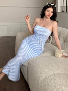 蓝色露肩腰带系带设计性感修身抹胸中长连衣裙条纹纹理面料休闲度假简约春夏新款时尚女装 - 藍色 - 查看 2