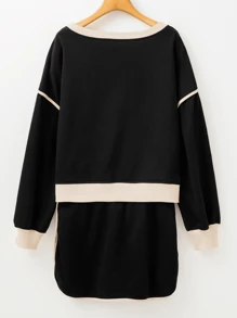 Loose Casual Suit For Women Simple Style Color Block Two-Piece Set For Women - Black - View 4