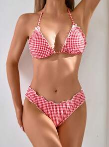 2pcs Plus Size Women Two-Piece Gingham Tankini Set,Lace Detail Swimwear, Korean Style Hot Spring Swimming Suit, For Summer Beach Vacation