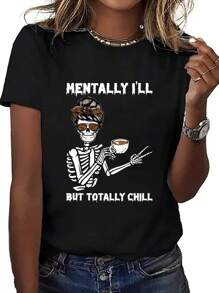 Mentally Ill But Totally Chill ,Casual Print,Comfortable And Versatile,Letter Pattern Pure Cotton 220g Printed T-Shirt - 黑色 - 查看 1