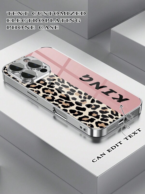 1 pieza Funda de teléfono de vidrio enchapada con patrón de leopardo, compatible con 16 ProMax/16/15 Pro/14 ProMax/11 ProMax/12/13 Pro/7 Plus/13 ProMax, con patrón de caballo corriendo, texto personalizable, diseño de pareja, con protector de lente de cámara, minimalista de lujo