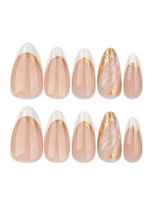 24 件杏仁形丙烯酸按压指甲假指甲，白色法式尖头和金色闪光指甲条纹指甲设计美甲简约经典风格设计假指甲，美甲用品批发，派对、约会和日常佩戴凝胶指甲套装 - 白色 - 查看 4