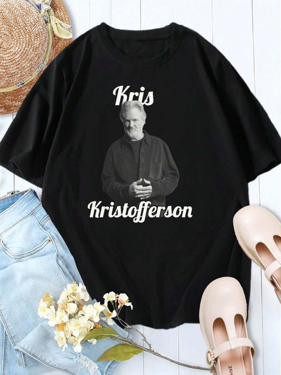 Women's Kris Kristofferson T-Shirt Classic Country Music Tee Singer Songwriter Apparel Vintage Style Shirt - Black - View 1