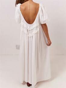 Women Summer Backless Beach Long Dress Elegant Short Sleeve Back Low-Cut Loose Casual Swing Maxi Dresses - 白色 - 查看 3