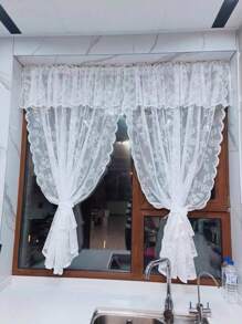 1pc White Lace Trim Cafe Curtain Valance, Bohemian Style Floral Print Semi-Sheer Curtain, Decorative Window Treatment For Bedroom, Living Room, Home Decor, All Season