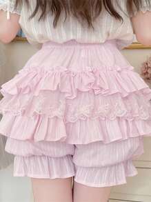 Pantalones cortos bombachos con diseño en capas tipo pastel y borde de encaje para mujer, cintura elástica con lazo, corte holado antideslizante, ideal para uso diario y estilo Lolita en primavera y verano - Rosa - Ver 8