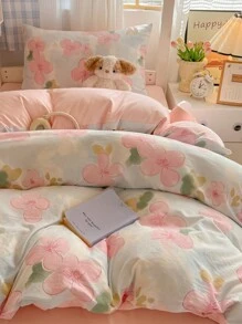 4pcs Bedding Set, Double-Sided Print Design AB Version, Includes 1pc Duvet Cover + 1pc Bed Sheet + 2pcs Pillowcases, Brushed Soft Touch, Fade Resistant, Antibacterial & Warm