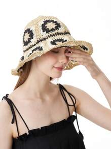 LEAJOURNO. 1pc Exotic Hollow Out Vintage Floral Bucket Hat, Hyuna Style Foldable Bucket Hat
