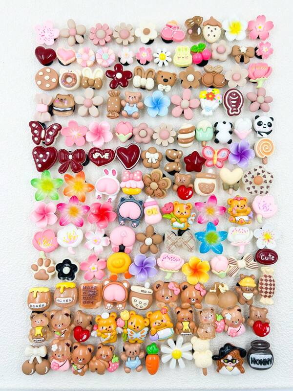 10pcs/20pcs/30pcs/50pcs/100pcs Assorted Fashion Cute Resin Cartoon Design Shoe Decoration Charms, Random Style Wooden Clog Decorations, DIY Shoe Accessories, Birthday Gift, Party Favor (Unsure Of Specific Styles)