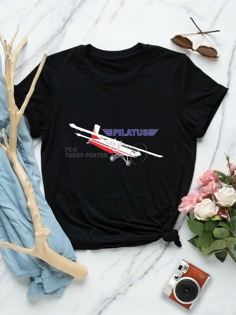 Women's Pilatus PC-6 Airplane T-Shirt - Aviation Fashion Tee Pilot Gift Retro Aircraft Shirt - Black - View 1
