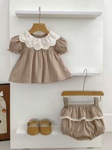 2 件套女婴蕾丝领短袖套装，夏季新品