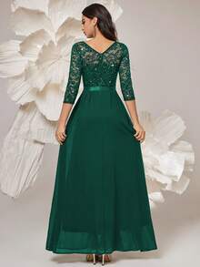 MIUSOL Women's Elegant Sequin Floral Lace Contrast Chiffon Pleated Hem Maxi Dress, Ruched High Waist A-Line Silhouette, Perfect For Easter, Mother Day, Formal Party, Wedding Guest, Evening , Anniversary - 墨綠色 - 查看 2