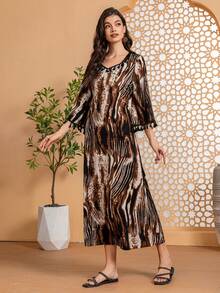 女士花卉印花流苏 V 领 3/4 袖连衣裙日常穿着优雅长袖长袍 Abaya 朴素卡夫坦 Jalabiya 阿拉伯连衣裙