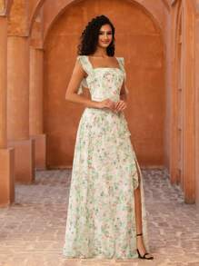 Women's Elegant Square Neck Chiffon Ruffle Sleeve Printed Draped Split Back Maxi Dress, Suitable For Formal Occasions Like Bridesmaid, Wedding Guest, Party, Graduation Ceremony, And Spring/Summer Resort, Beach, Daily Wear - Green Floral - View 5