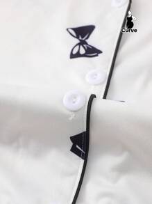 2件組大尺碼女款睡衣套裝，蝴蝶結印花，女士居家服，春夏度假穿搭，短袖翻領上衣與短褲休閒服 - 黑與白 - 查看 6