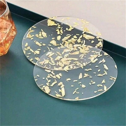 带金箔的亚克力杯垫 - 奢华茶杯隔热杯垫 - 时尚圆形桌面保护家居装饰套装
