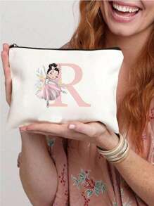 Cosmetic Bag Lady Makeup Bags Wallet Initials 26 Letter Pattern Toiletry Organizer Pouch Wedding Party Wash Bag Zipper Phone Purse Pencil Pouch High-Capacity Make Up Bags Clutch Bag Bridesmaid Make Up Pouch Toiletries Organizer Bag Cosmetic Case Handbag For Travel Storage Cosmetic Bag For Travel,Boho Vibes - Beige - View 3