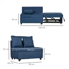 HOMCOM Convertible Single Sofa Bed With Thick Padded Seat, 3-In-1 Multi-Functional Sleeper Chair Bed With Magazine Pocket, For Living Room, Blue - Blue - View 3