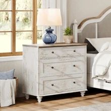 Dresser For Bedroom With 3 Drawers, Oak Kids Dressers With Wide Chest Of Drawers, Mid Century Modern Wooden Closet Storage Organizer, Small Dressers For Nursery, Hallway, Living Room - 質樸的白色 - 查看 1