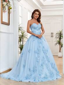 Vestido de quinceañera de tul azul bebé con apliques de flores 3D, vestido de bola con escote de corazón sin mangas, con cordones, vestido de fiesta de cumpleaños, vestido de invitada de boda, vestido de gala, vestido de noche - Celeste - Ver 2