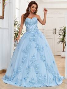 Vestido de quinceañera de tul azul bebé con apliques de flores 3D, vestido de bola con escote de corazón sin mangas, con cordones, vestido de fiesta de cumpleaños, vestido de invitada de boda, vestido de gala, vestido de noche - Celeste - Ver 5
