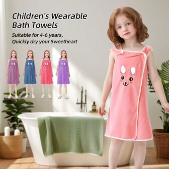 1pc Coral Fleece Cartoon Kids Bathrobe Wrap Towel, Quick Dry Soft Bathroom Product, Unisex