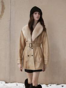Women's Faux Leather Jacket Winter Long Parka Retro Warm Coat With Fur Trim - Beige - View 1