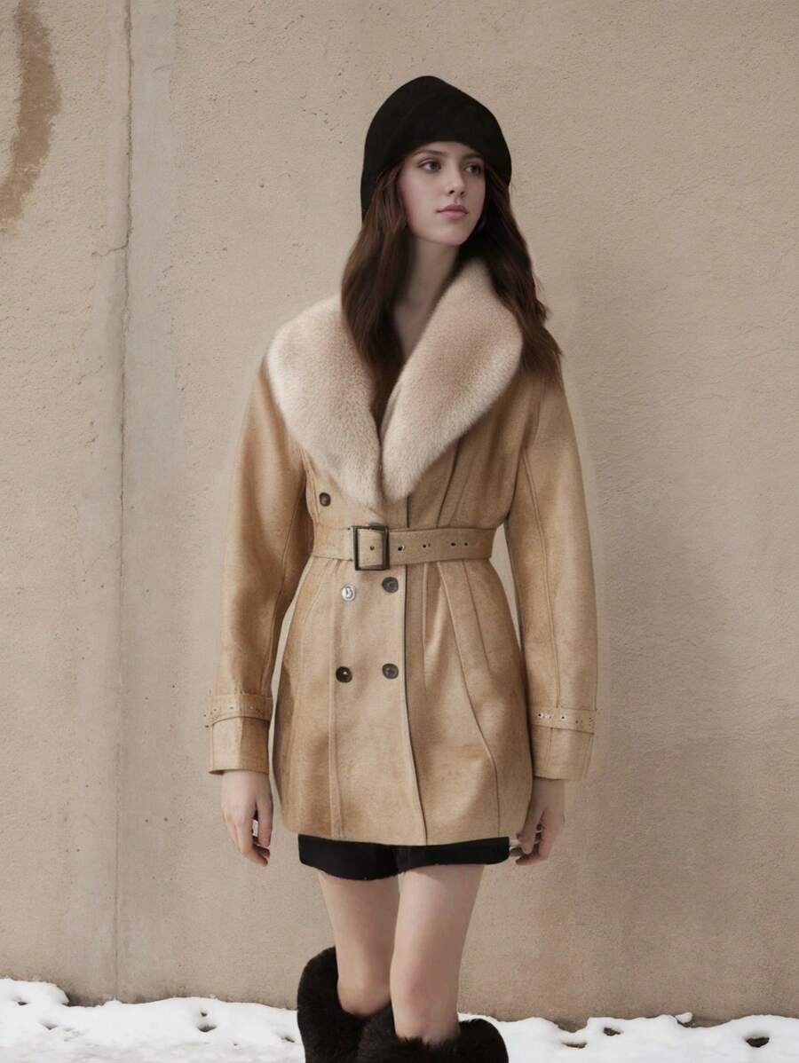 Women's Faux Leather Jacket Winter Long Parka Retro Warm Coat With Fur Trim - Beige - View 1