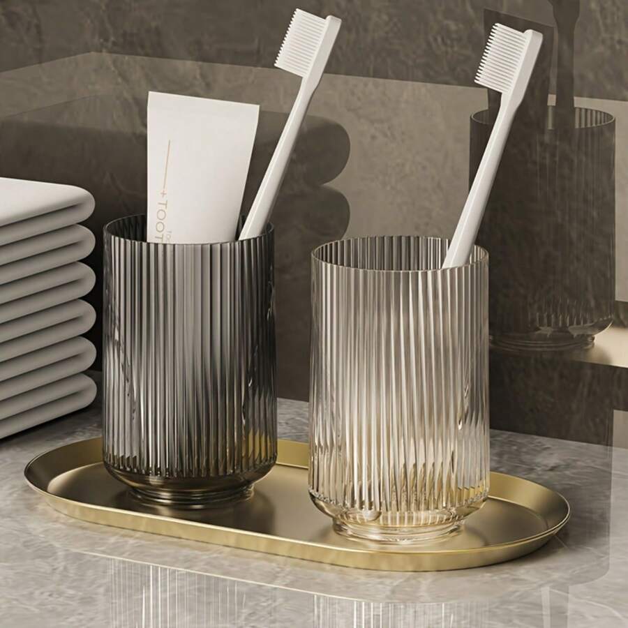 1 件套，坚固的透明塑料牙刷杯 - 光滑的浴室杯，带罗纹设计，包括牙刷架，现代简约装饰，适用于家庭和酒店家居浴室装饰秋季装饰返校 - 彩色 - 查看 1
