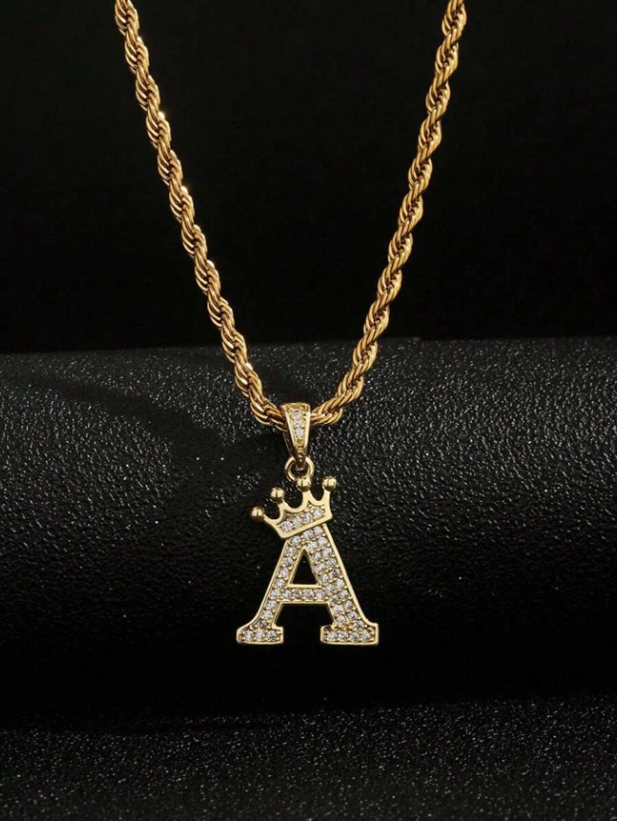 1 件不锈钢复古皇冠水钻首字母 A-Z 男女通用幸运项链，适合派对、日常佩戴、情人节、母亲节、父亲节等节日礼物 - 金色 - 查看 1