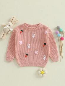 Suéter de Pascua de punto para niñas, manga larga, cuello redondo, con bordado de zanahoria y conejo, prenda de punto - Rosa - Ver 2