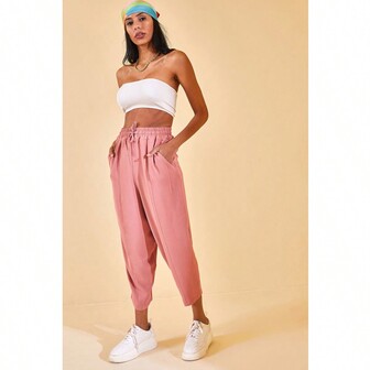 XHAN Rose Dried Slouchy Pants With Elastic Waist