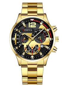 Juego de 4 piezas: Reloj de cuarzo con puntero minimalista y redondo dorado, collar con colgante de cruz dorado, anillo y pulsera, un regalo versátil para uso diario