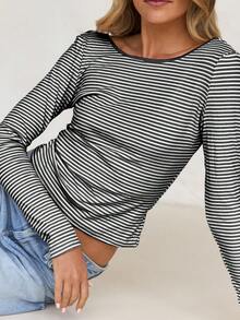 Vaiaye Women's French Sexy Backless Striped Knit Long-Sleeve Christmas Slim Top