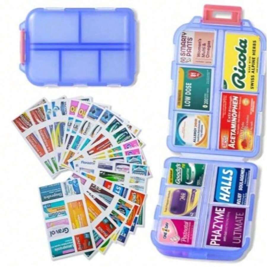 Travel Pill Organizer Box, 147 Brand Label Portable Pocket Purse Pharmacy, 10 Compartment Small Pill Case Medicine Kit, Daily Weekly Vitamin Supplement Medication Holder, Healthcare Aid - 藍色 - 查看 1