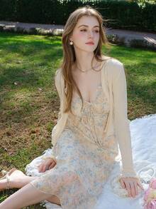 Drop Shoulder Lettuce Trim Cardigan - Beige - View 5