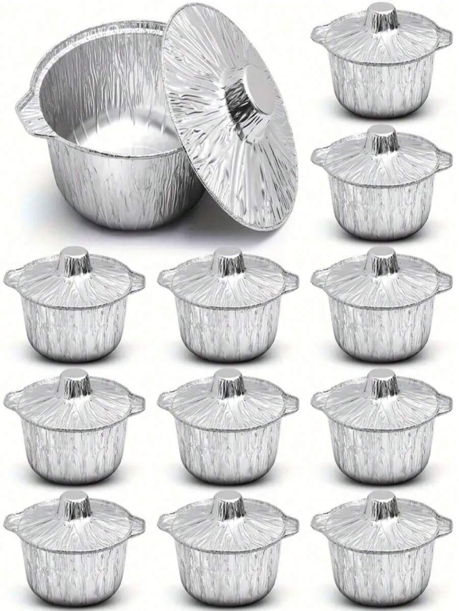 Conjunto de 10/5 piezas Olla de aluminio desechable con tapa, utensilios de cocina de aluminio desechables, envase de horneado desechable adecuado para vacaciones, viajes, campamentos, horneado, calentamiento y cocción (33,8 onzas), Conjunto de ollas de metal redondas, adecuadas para estufas de gas, sin necesidad de electricidad, ideales para viajes, campamentos, horneado, recalentamiento y cocción, utensilios de cocina esenciales, ollas apilables, contenedores de alimentos a granel