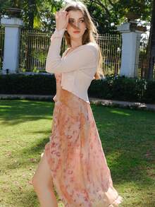 V-Neck Retro Hong Kong Style Flared Sleeve Fitted Knit Top - Pink - View 4