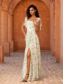 Women's Elegant Square Neck Chiffon Ruffle Sleeve Printed Draped Split Back Maxi Dress, Suitable For Formal Occasions Like Bridesmaid, Wedding Guest, Party, Graduation Ceremony, And Spring/Summer Resort, Beach, Daily Wear - Green Floral - View 4