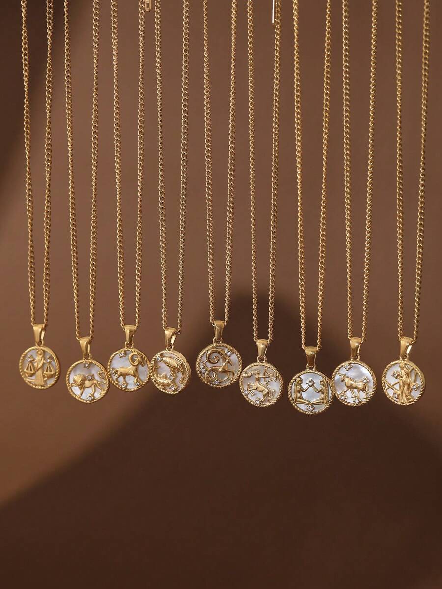 1 件不锈钢贝壳十二生肖硬币项链，18K 真空镀金，女士珠宝礼物 - 金色 - 查看 1