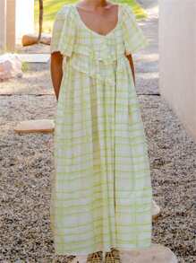 Women Elegant Long Dress Plain/Plaid Short Sleeve Low-Cut Backless Loose Fit Flared Hem Swing Dress Perfect For Everyday Comfort