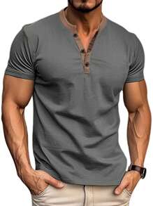 Spring And Summer Men's Short Sleeved Casual Henry T-Shirt, Men's Solid 100% Polyester Fiber Retro Style Sports Top