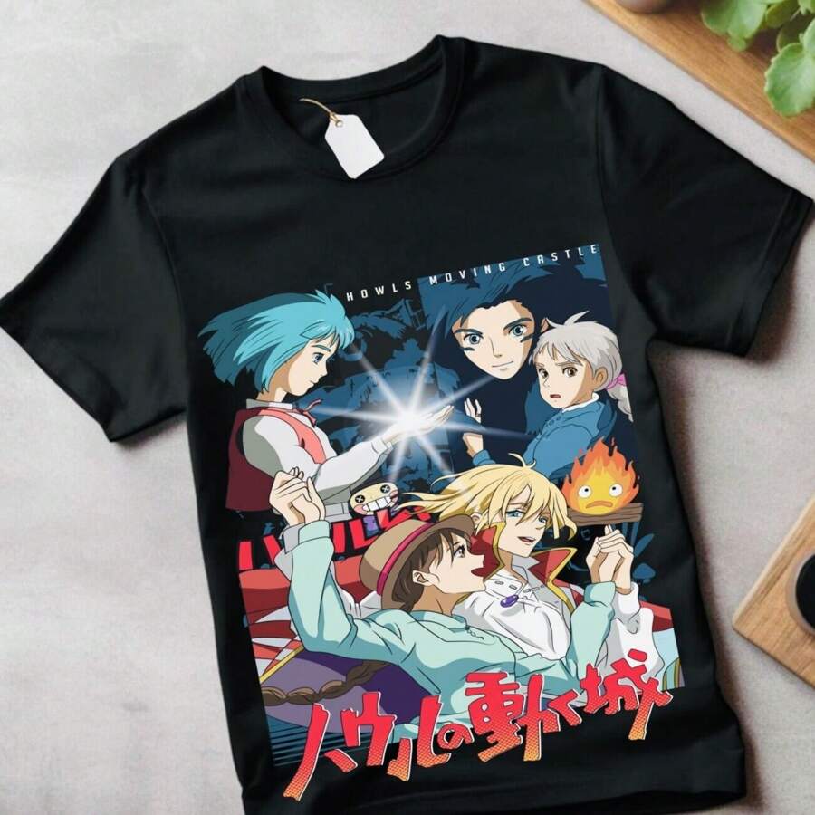 Anime Shirt Howl And Sophie Shirt Howl Moving Castle Hayao Miyazaki Gifts Shirt - màu đen - Xem 1