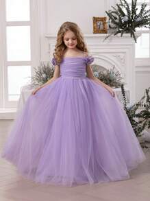 少女紫色 3D 花卉吊带网眼薄纱派对礼服，优雅公主裙，适合女孩礼服、生日派对、舞会、婚礼、花童、伴娘、节日装 - 紫色 - 查看 6