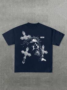 1件超大宽松版型男士时尚耶稣十字架印花T恤，休闲街头风，适合所有季节，轻薄透气，适合春夏穿着。 - 藏蓝色 - 查看 1