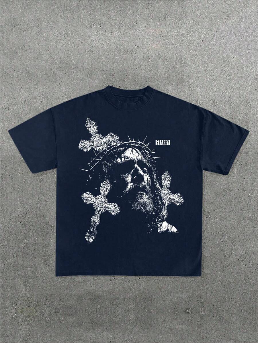 1件超大宽松版型男士时尚耶稣十字架印花T恤，休闲街头风，适合所有季节，轻薄透气，适合春夏穿着。 - 藏蓝色 - 查看 1