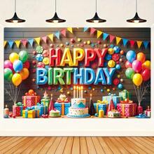 1pc Vibrant Happy Birthday Background Banner, Polyester Material, Birthday Party Photo Background, Balloon And Confetti Design, Foldable, Birthday Party Decoration, Decorative Flag, Birthday Photo Background, Birthday Party Decoration, Indoor And Outdoor Use
