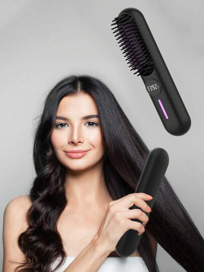 便携式无绳直发梳，便携式负离子拉直刷，长电池热梳直发器，轻巧迷你携带，设置防烫，浓密刷毛，女士热刷直发器，适合浓密卷发的平板熨斗梳