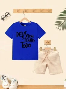 Camiseta + Short Safari Conjunto  Infantil Uso Moda Teen Kids Bolso Lateral - Azul Royal - Visão 1
