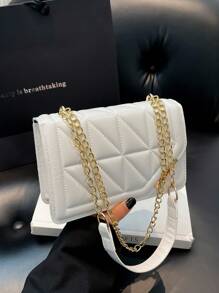 韩版独特裂纹纹理边饰做旧休闲单肩包女2025新款时尚ins简约小方形斜挎包 - 白色 - 查看 1